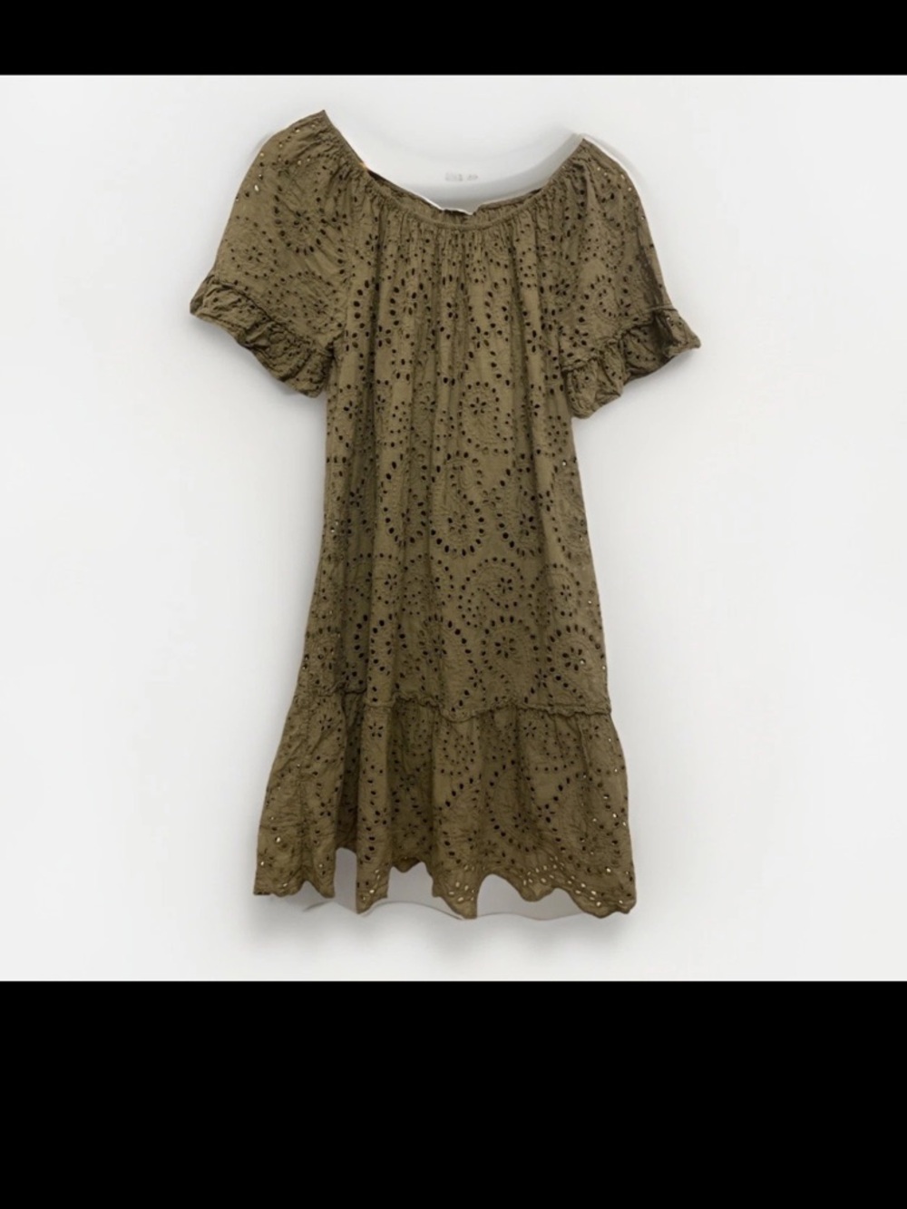 Olive Eyelet Off-Shoulder Mini Dress